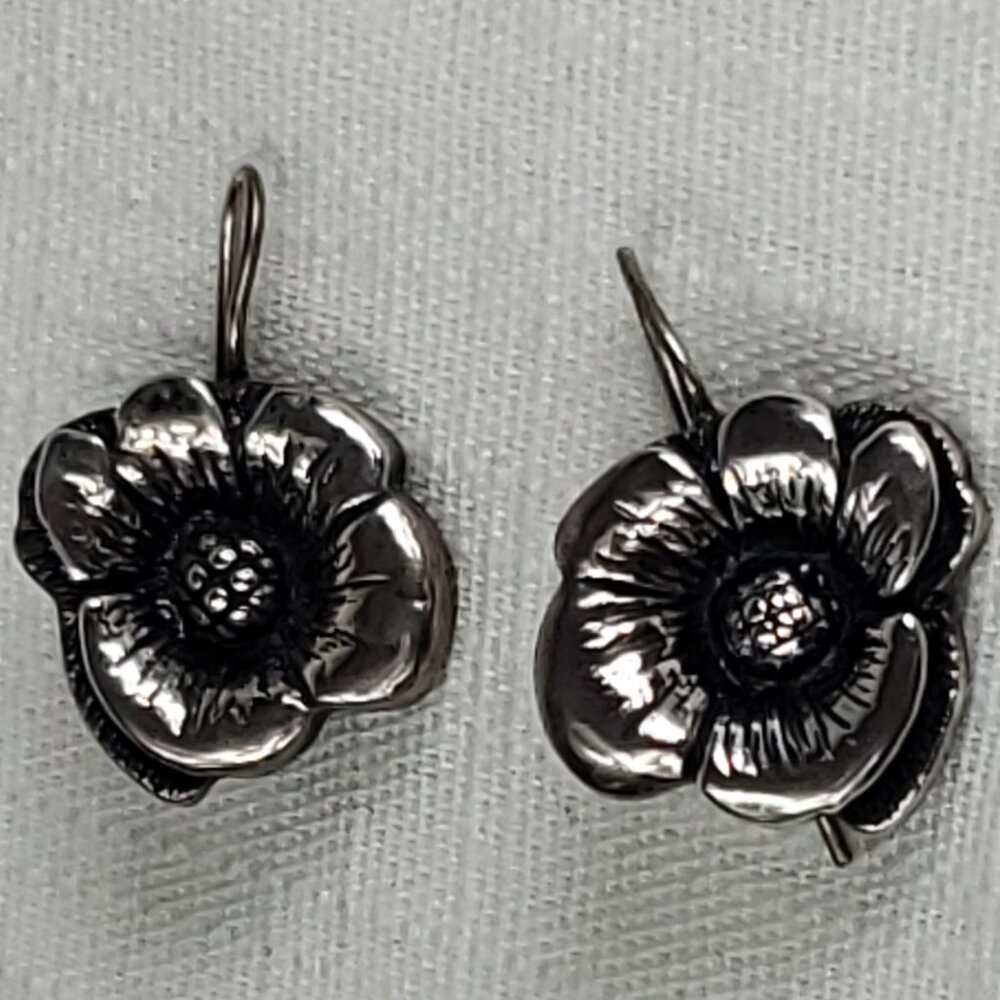 Beautiful Vintage Silver 925 Floral Flower Earrings Hook Clasp Backs
